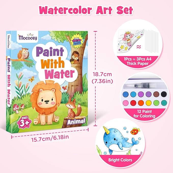 Mocoosy 3 Pack Paint with Water Coloring Books for Toddlers, Mess Free Watercolor Painting Set with Unicorn Mermaid Animal Themes, Travel Art Craft Activity for Kids, Birthday Gifts for Girls 3-5 4-8