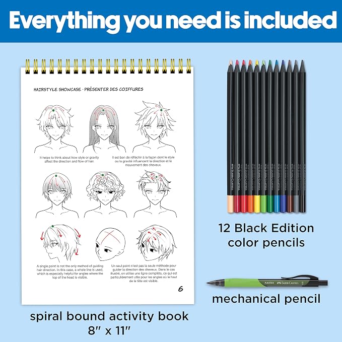 Faber-Castell Anime Drawing Kit: Shonen Edition | Step-by-Step Instruction Book with 20 Practice Pages, Color Pencil Set & Drawing Supplies for Kids, Summer Craft Supplies (1 Book)