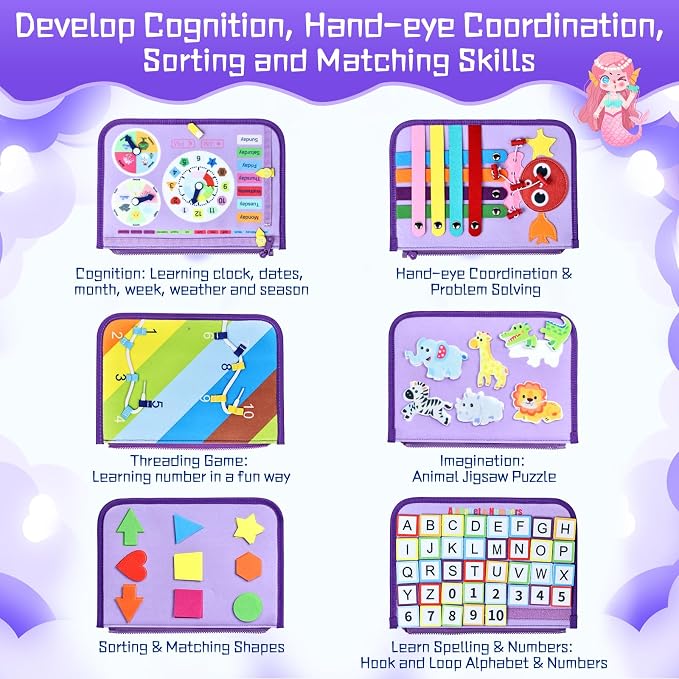 Esjay Toddler Busy Board Montessori Toys for Girls, Sensory Book Educational Activities Learning Fine Motor Skills, Birthday Gifts for Girls Toddlers, Travel Toys for Airplane Car, Purple Merpeople