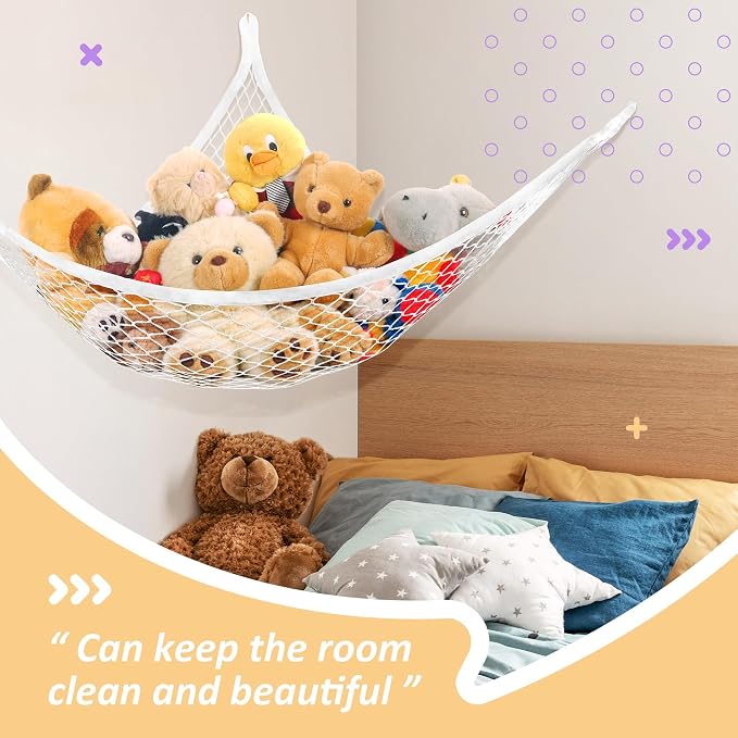 Lazebox Stuffed Animal Net Hammock for Plushie Toys, Stuffed Animal Hammock Corner for Kids' Room Decor, Ideas for Organizing Stuffy Collection, White, XL (82.6" x 43" x 43")-Pack of 2