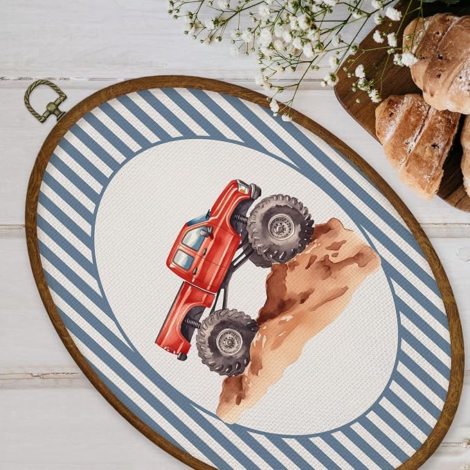 WULQYING Red Truck Boy Nursery Wall Art Decor, Kids Playroom Oval Framed Canvas Art Prints, Blue Striped Truck Wall Hanging Decor for Kids Boys Toddler Room Bedroom Playroom, 8.6x11.4 Inches
