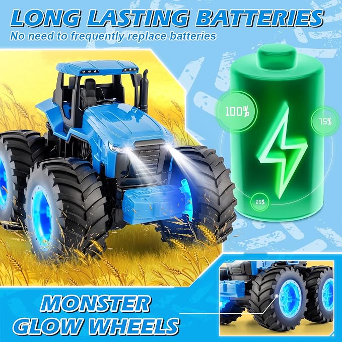 IJIGU Remote Control Tractor Toys, Light Up Farm Monster Trucks Toy for Boys 3, 4, 5, 6, 7 Year Old, 2.4 Ghz RC Tractor Toys, Ideal Christmas, Birthday Gifts for Kids