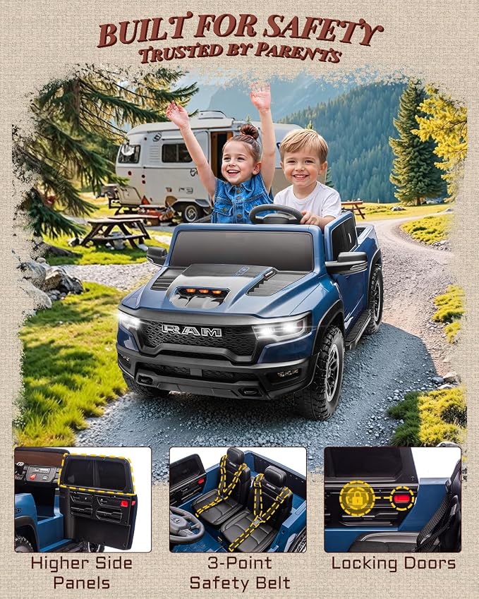 First Ride On 24V Ride On Toys for Big Kids, RAM 1500 RHO 2 Seater Ride on Car w/Remote, Battery Powered Truck w/ 4 Wheels Suspension, Toddler Car w/Bluetooth, LED Lights, Trunk & High Doors
