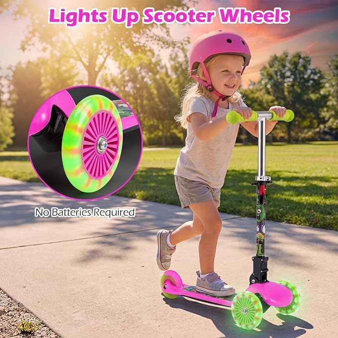 OLAKIDS Kids Kick Scooter with LED Front Wheels, 3-Level Adjustable Handlebars, Lean-to-Steer Design, Rear Foot Brake, Wide Anti Slip Deck, 3-Wheel Scooter for Kids Ages 2-5