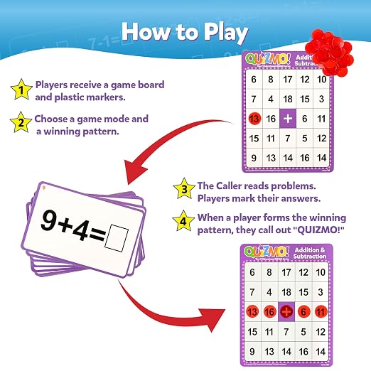 LEARNING ADVANTAGE QUIZMO Addition & Subtraction | Bingo-Style Math Game | 2 Game Modes for Ages 6-10 | Teach Basic Mathematics