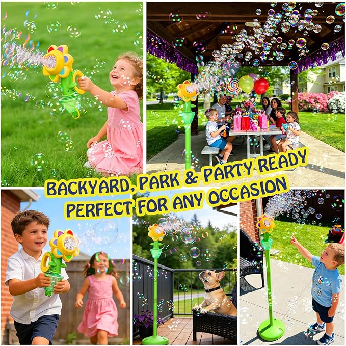 AIERSA Flower Bubble Stand Machine,Sunflower Bubble Maker with Lights, Tall Adjustable Rechargeable Automatic Bubble Blower for Outdoor Backyard Party