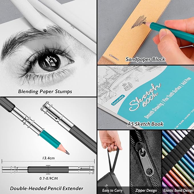 Soucolor 73 Pack Art Supplies Sketching Kit for Adults Artist Gifts, School Supplies, Drawing Sketching Pencils with Sketchbook, Coloring Book, Colored Watercolor Metallic Graphite Charcoal Pencils