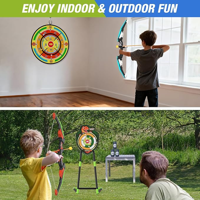 HYES 2 Pack Kids Bow and Arrow with 29" Large Dart Board, LED Light Up Archery Set with 24 Suction Cup Arrows, Indoor Outdoor Sport Toys Gifts for 3 4 5 6 7 8 9 10 11 12 Year Old Boys Girls