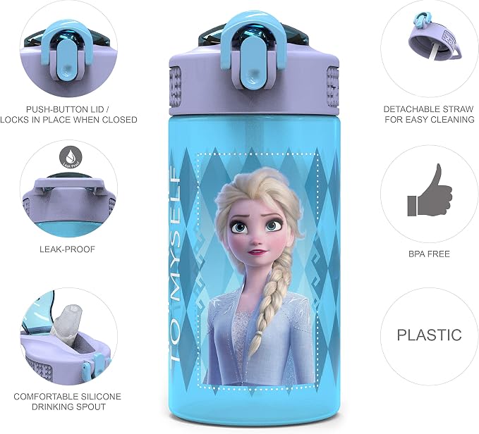 Zak Designs Disney Frozen 2 Kids Water Bottle with Spout Cover and Carrying Loop, Durable Plastic, Leak-Proof Water Bottle Design for Travel (16 oz, 2-Pack, Non-BPA, Elsa & Anna)