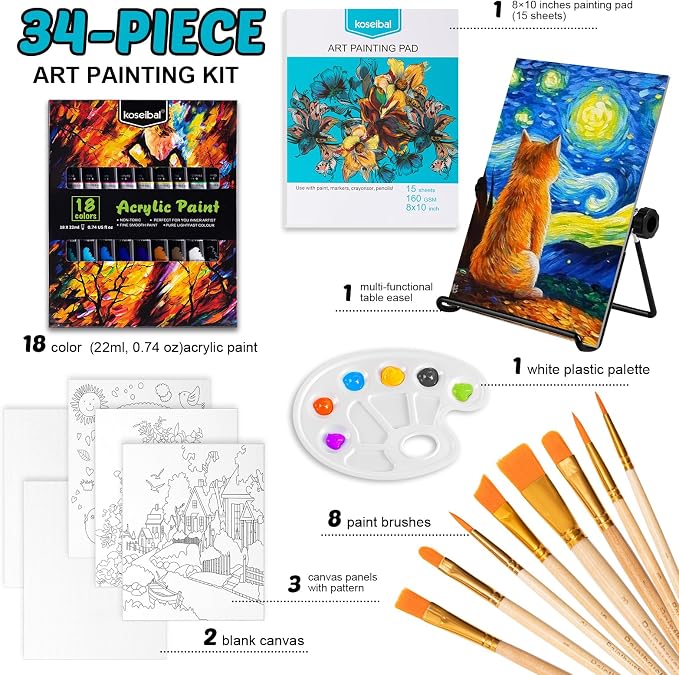 koseibal Acrylic Paint Set for Kids, Art Painting Supplies Kit with 18 Paints, 5 Canvas Panels, 8 Brushes, Table Easel, Etc, Premium Paint Set for Students, Artists and Beginner