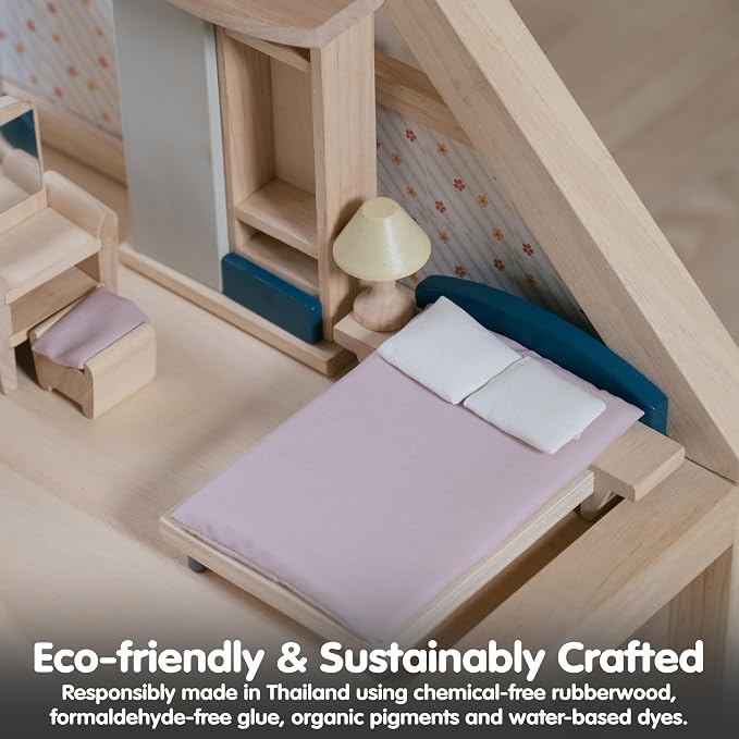 PlanToys® Wooden Bedroom Dollhouse Furniture Set in Orchard Shade for Kids | Montessori Small World and Home Routine Play | Eco Friendly Wooden Dollhouse Bedroom Set for Imaginative Play