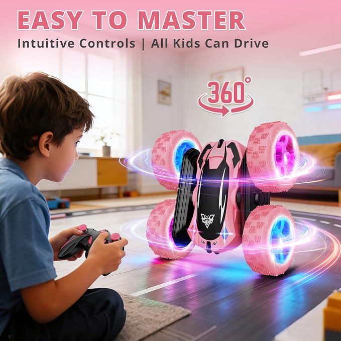 Remote Control Car, 2.4GHz RC Stunt Car, Double Sided 360° Rotating RC Cars with LED Headlight & LED Wheel, High Speed Off Road RC Crawler Xmas Gift for 3 4 5 6 7 8-12 Year Old Girls Toys (Pink)