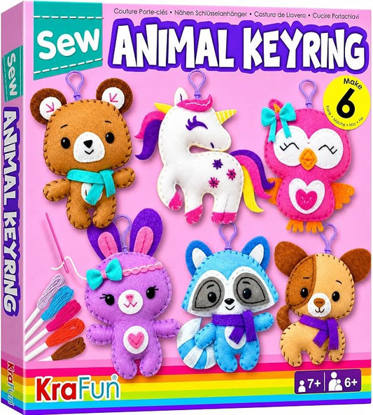 KRAFUN Unicorn Sewing Keyring Kit for Kids Age 7 8 9 10 11 12 Learn Art & Craft, Includes 6 Stuffed Animal Bear, Dog, Rabbit, Raccoon, Owl Dolls, Instruction & Felt Materials