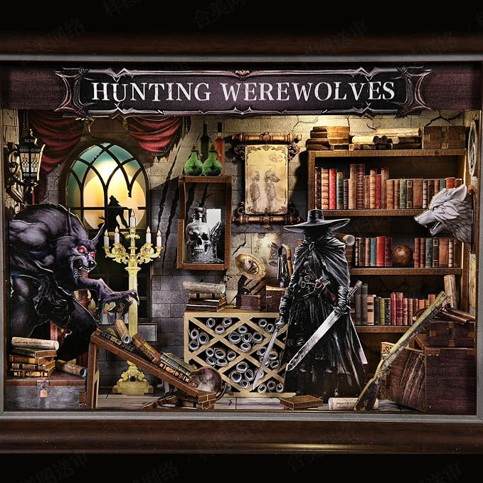 Book Nook Kit-3D Wooden Puzzle with LED Touch Control & Wall-Mountable Frame,DIY Miniature House for Beginners,Bookshelf/Tabletop/Wall Decor for Craft Lovers,Dollhouse Gift,Hunting Werewolves
