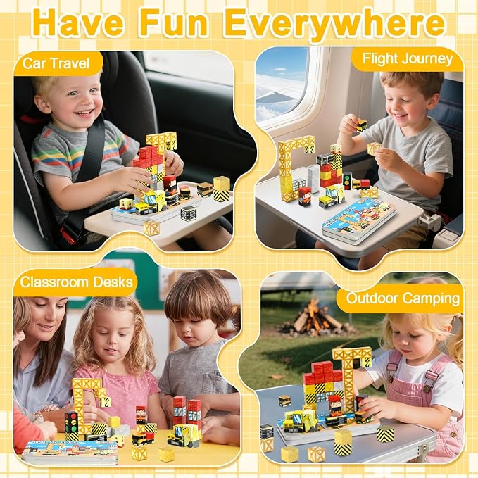 QOUBAI 45PCS Mini Magnetic Blocks Travel Toys, Magnet Building Cubes Tiles Set with Portable Iron Case, Learning Activities Gifts for Kids Toddlers Boys & Girls Ages 3-8 (Construction)