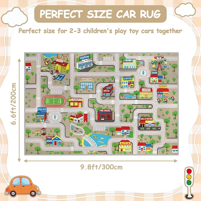 Capslpad Tan Car Road Kid Rug Carpet Playmat for Playoom Traffic Road Kids Play Mat for Toddler Non Slip Washable City Map Race Track Carpet Rug for Kids Room Playroom Classroom Decor,6.6'x9.8'