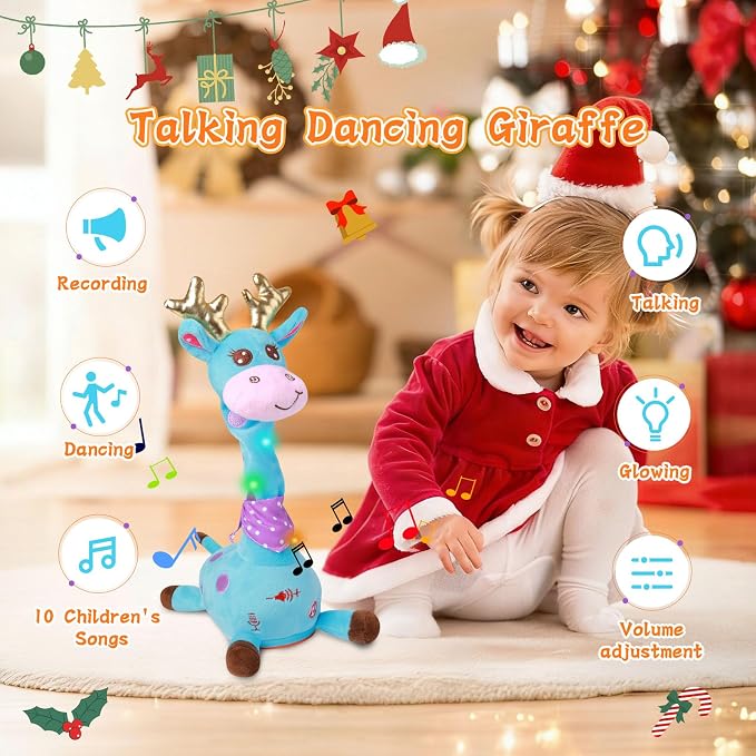 LUKETURE Dancing Talking Singing Blue Giraffe Stuffed Plush with Golden Antlers,Interactive Stuffed Animal Toy, Musical Plush with Record & Repeat, Sings 10 Songs, LED Lights