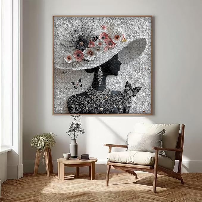 Impossible Puzzles for Adults 1000 Pieces,PICKFORU Floral Muse Puzzle Elegant Lady,Beauty Flower Woman Puzzle Black and White Pearl,Hard Challenge Jigsaw Puzzles Aesthetic