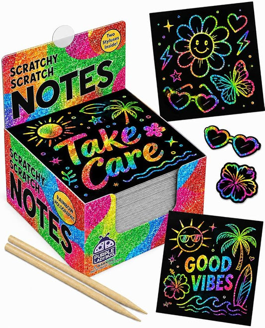 PURPLE LADYBUG Rainbow Holographic Scratch Art Mini Notes - Teen Girl Gifts Trendy Stuff, Small Gifts for Teens Art and Craft Supplies Summer Activities for Kid Summer Stuff for Teen Girls