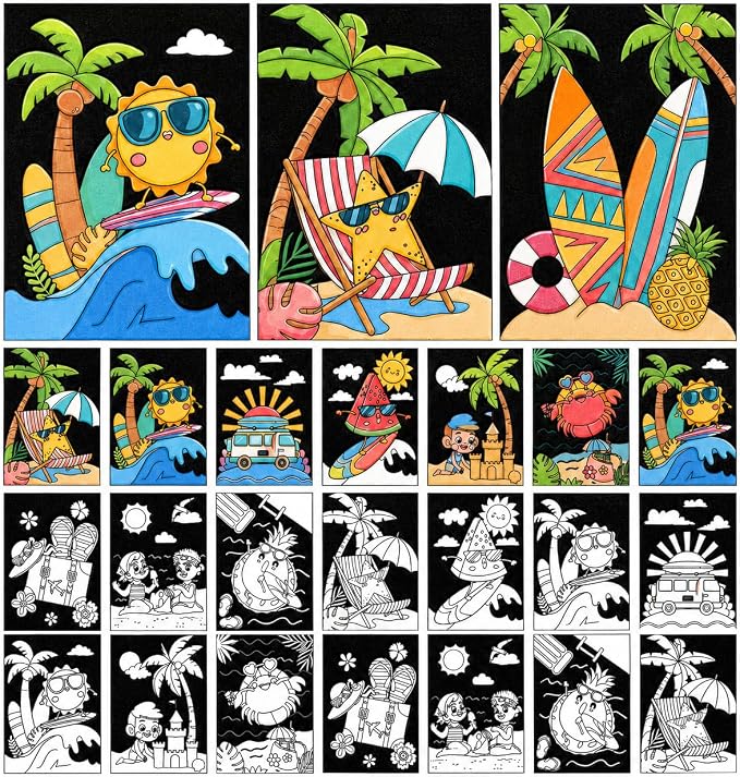 Cinrobiye 48 Pcs Summer Velvet Coloring Posters Bulk Tropical Beach Fuzzy Coloring Pages Craft Kit with Ocean Pineapple Sunshine Designs for Classroom Group Activities Living Party Favors Holiday