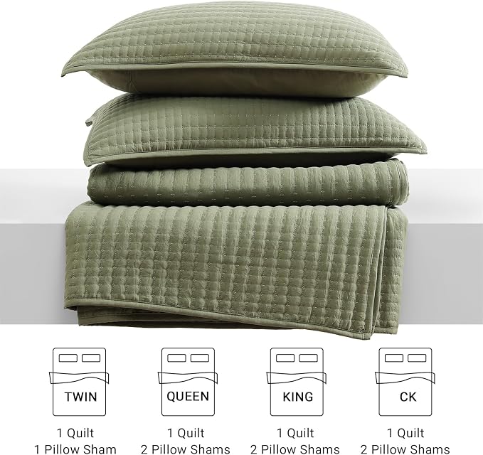 WRENSONGE King Size Quilt-3 Pieces Lightweight Bedspreads Olive Green King Quilt Bedding Set for All Seasons, Soft Summer Coverlet with 2 Pillow Shams Suitable for Bed, Couch, Quilt Blanket