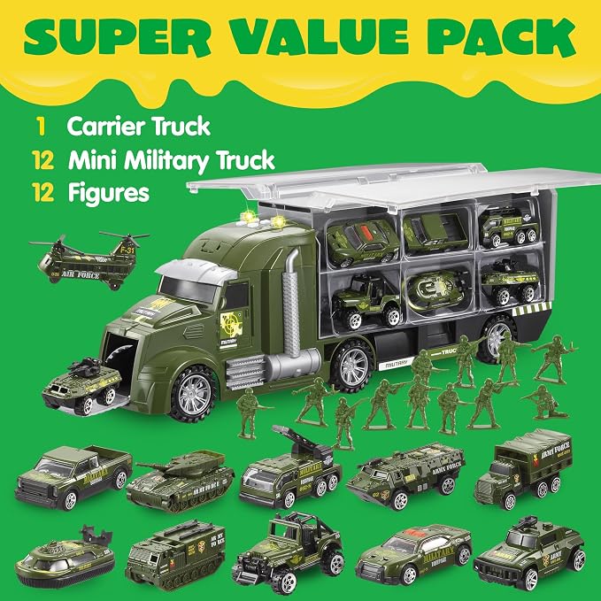 JOYIN 25 in 1 Military Kids Truck Toys for Age 3+, Toddler Boy Toys, Army Men Tanks Set with Soldier Men, Mini Battle Cars in Carrier Truck with Lights and Sounds, Gifts for Grandkids