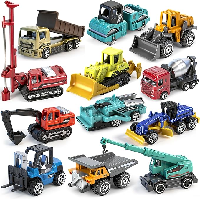 12 Pack Diecast Construction Toys, Mini Colorful Alloy Model Excavator Toy Construction Truck Toys for 3 4 5 6 7 8 Year Old Kids Toddlers, Toy Cars for Kids Birthday Cake Decorations Party Favors