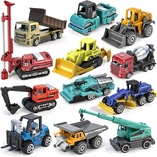12 Pack Diecast Construction Toys, Mini Colorful Alloy Model Excavator Toy Construction Truck Toys for 3 4 5 6 7 8 Year Old Kids Toddlers, Toy Cars for Kids Birthday Cake Decorations Party Favors