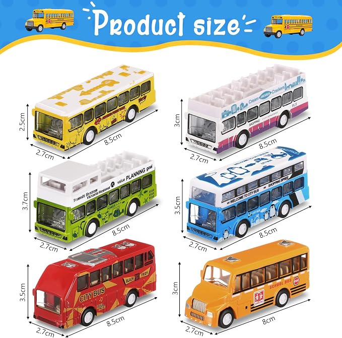 Hanaive 6 Pcs School Bus Toys Cars Set Die Cast Metal Little Cars City Bus Double Decker Friction Powered Cars Play Toys for Birthday Gift Vehicle with Opening Doors Education Bulk