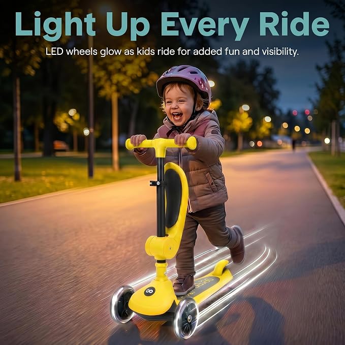 SereneLife 3 Wheel Scooter for Toddlers & Kids, Foldable Seat, LED Wheels, Adjustable Handlebar, Anti-Slip Deck, Rear Foot Brake, Lean-to-Steer, Kid Scooter Ages 18M–7Y, Supports up to 110 lbs, Yellow