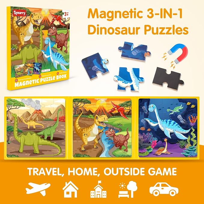 SYNARRY Magnetic Dinosaur Puzzles for Kids Ages 3-5, 20 Pieces Puzzles for Toddlers 4-6, Easter Basket Stuffers Gifts for Kids, Car Airplane Road Trip Activities Magnet Games Toy for Boys Girls