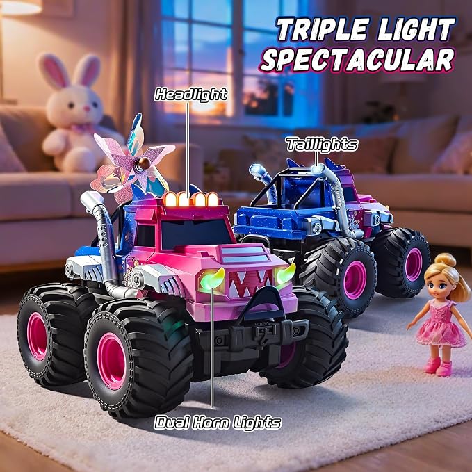 Remote Control Car for Girls, Waterproof Pink Monster Truck Toys W/Blocks & 360°Spin, 1:18 Amphibious RC Cars, 4WD All-Terrain Off-Road RC Trucks, Birthday Gifts Pool Toys for Kids Age 3-12
