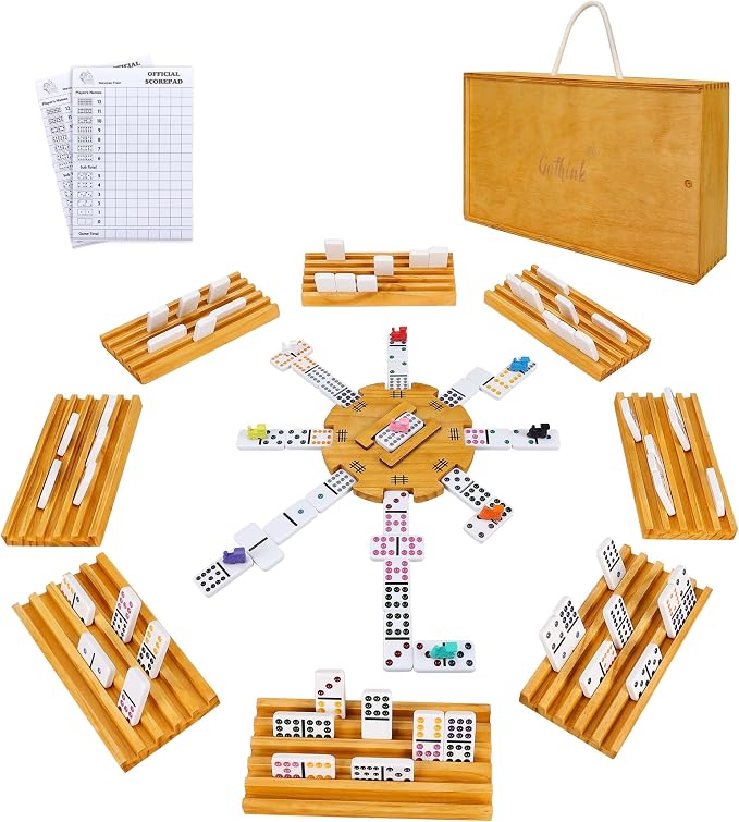 GOTHINK Double 12 Mexican Train Dominoes Set in Wooden Carry Case, Colored Dots Domino Set for Adults Kids and Family, Included 91 Tiles, 9 Trains, Wooden Hub, 8 Holders, 2 Scorepad in Vintage Box