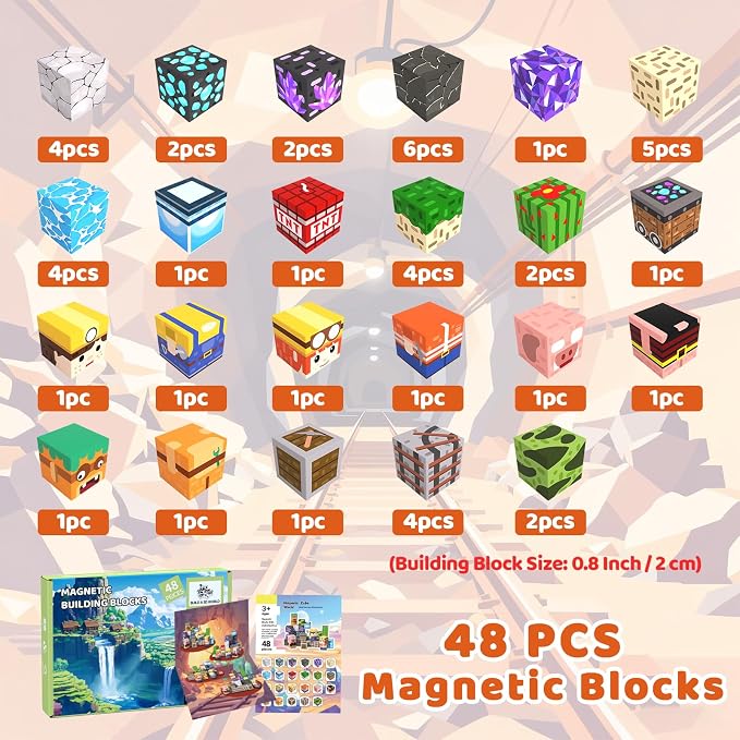 Magnetic Blocks, 48PCS Magnetic Tiles Building Blocks, Magnet Cubes STEM Sensory Game Toys Christmas Birthday Gifts for Kids Girls Boys Age 3+ (Mineral Exploration)