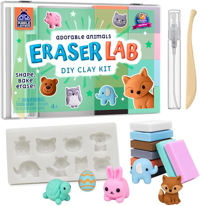 DIY Clay Cute Mini Eraser Kit for Kids - Birthday Gifts for 4 5 6 7 8 9 10 11 12 Girls & Boys - Students Desk Pet Animals Make Your Own Erasers Kit, Arts and Crafts for Kids Ages 8-12 4-8
