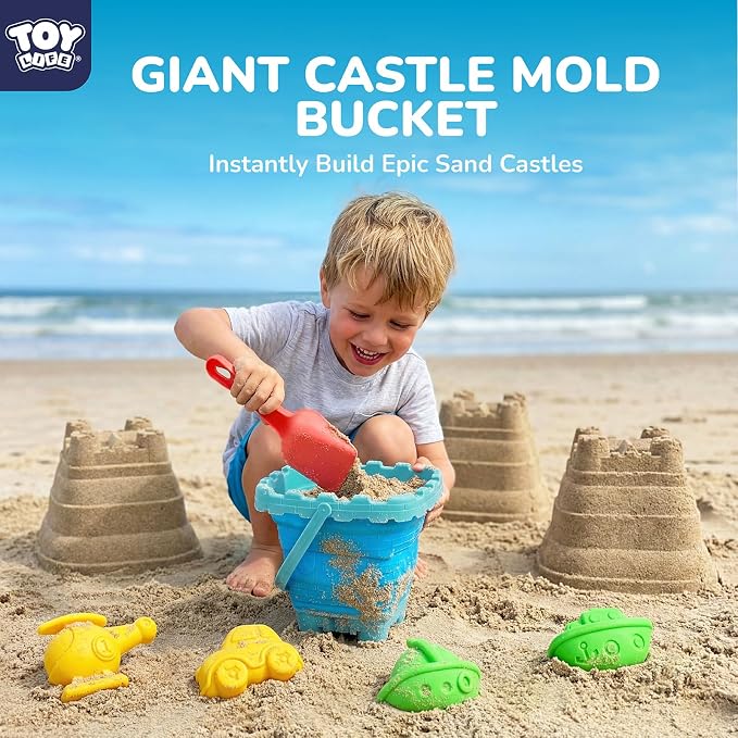 TOY Life Transportation Beach Toys for Kids Ages 3-8, Sand Toys Set with Road Roller, Truck, Vehicle Sand Molds, Collapsible Silicone Bucket, Sand Castle Building Kit for Sandbox Toys Play, Travel