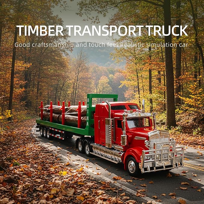 Logging Semi Truck and Trailer Toy, Large 1/50 for Kenworth W900 Diecast Metal Truck Tractor Trailer Transport Series Lumber Gifts for Boys Adult Model Car Collector -Red