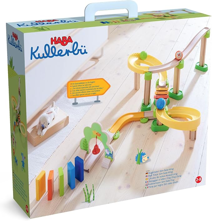 HABA Kullerbu Sim-Sala-Kling - 38 Piece Wooden & Plastic Train Track Set for Balls with Musical Effects and Domino Blocks
