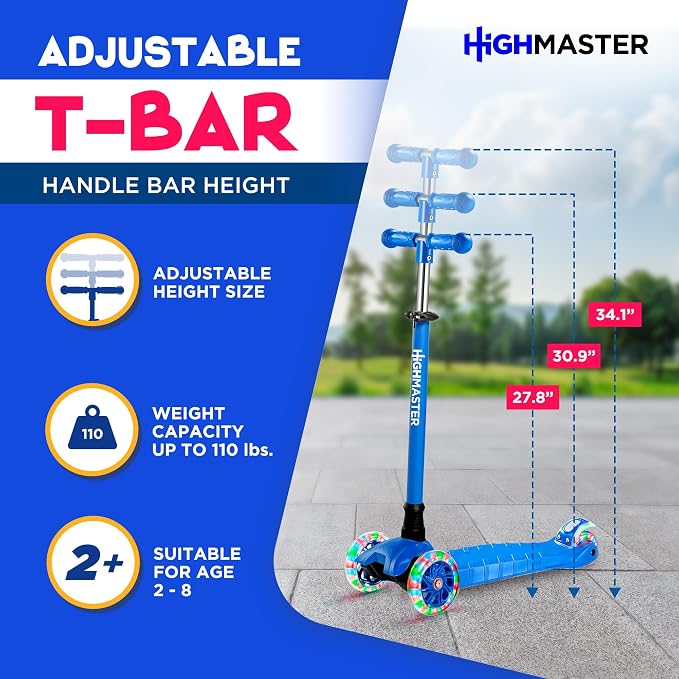 HighMaster Kids Scooter – 3 Wheel Kick Scooter for Children and Toddlers – Adjustable Handlebar with LED Wheel Lights – Indoor and Outdoor Fun