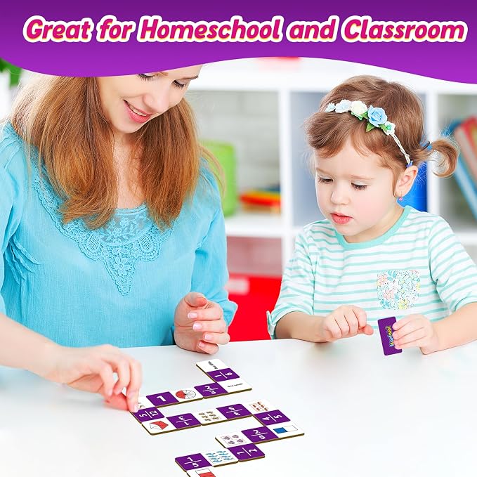 Kasfalci Fraction Dominoes Set,Math Games for Kids,Math Manipulatives,Counting Toys,Learning Games,Preschool Learning Activities,Homeschool Supplies,Kindergarten Classroom Must Haves,1st 2nd 3rd Grade