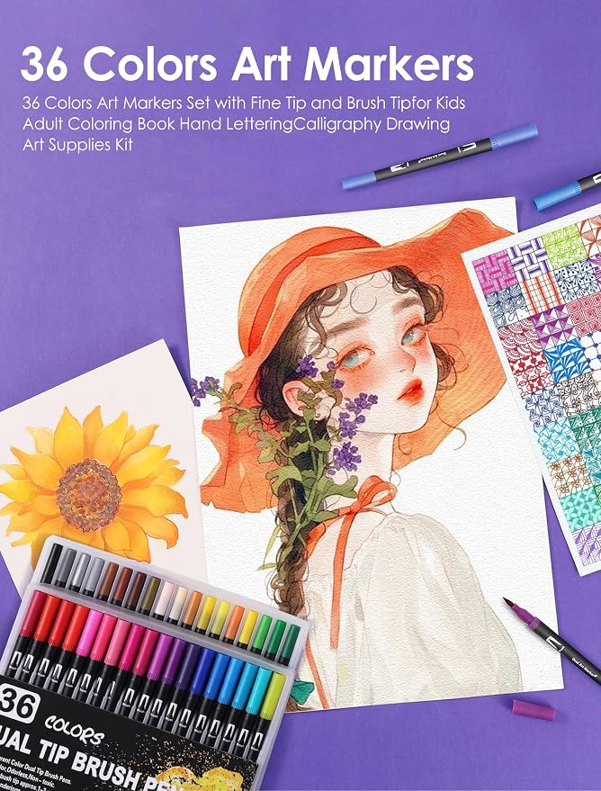 TOSHARE 36 Colors Brush & Fine Dual Tip Watercolor Markers for Adult Coloring Books No Bleeding Paint Pens For Drawing Note Taking Planner Calligraphy Journaling Card Making Back-to-School Supplies