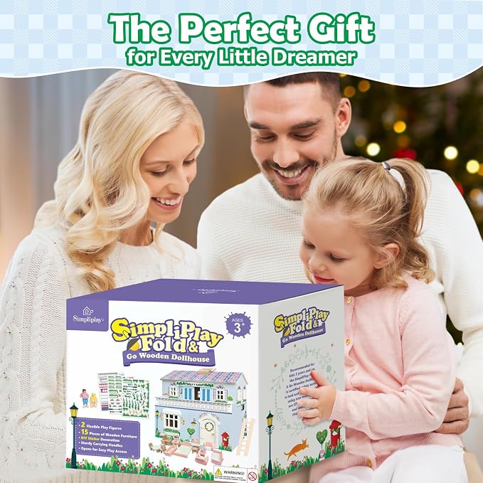 SIMPLIPLAY Wooden Dollhouse, DIY Portable Pretend Play Doll House Set with 4 Rooms, 13 Furnitures, 2 Dolls, 3 Sticker with 2 Styles, Enhance Creativity, Doll House for Kids Toddler Christmas Birthday