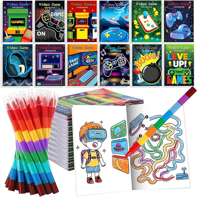 BenLouis 12 Video Game Mini Coloring Books Kids with 12 Stacking Crayons Gaming Party Favors Small Activity Books Bulk for Kids Boys Neon Game Level Up Party Gift Goodie Bag Stuffers