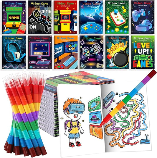 BenLouis 12 Video Game Mini Coloring Books Kids with 12 Stacking Crayons Gaming Party Favors Small Activity Books Bulk for Kids Boys Neon Game Level Up Party Gift Goodie Bag Stuffers