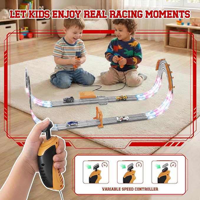 9.86ft 2-in-1 Slot Car Track Sets Toy - with 4 Cars, Battery or Electric Car Track Set with Dual Racing Game, Flash Circular Track, Lap Counter,Birthday Xmas Gifts Toys for Boys(S2-Concrete)