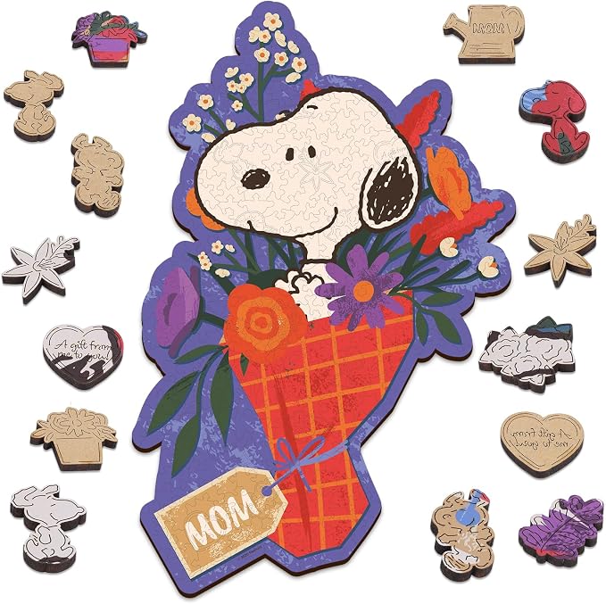 Peanuts Puzzles for Adults – Wooden Puzzles Gifts for Mom Grandmother Daughter, 300 Pieces Unique Shaped Jigsaw Puzzles, 5MM Thick, Officially Licensed Merchandise – Mom Bouquet, 17.7" x 11.5"