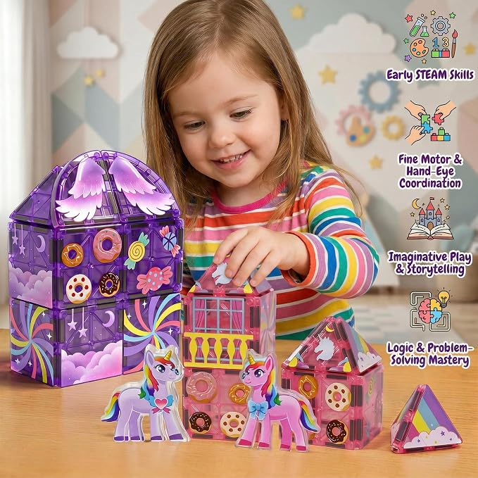 COSILY Unicorn Magnetic Tiles for Kids, Rich Colors Magnetic Building Blocks, STEM Educational Construction Sensory Toys, Unicorn Magnetic Tiles Birthday Gifts for Girls Ages 3 4 5 6 7 8+