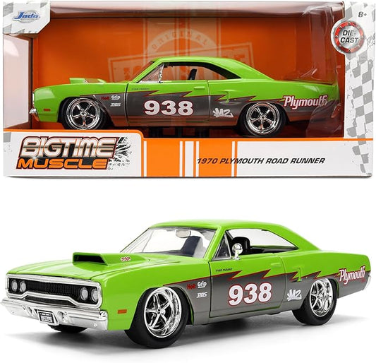 Jada Toys Bigtime Muscle 1:24 1970 Plymouth Road Runner Die-cast Car – Opening Doors, Hood, Trunk, Rubber Tires(Glossy Green)