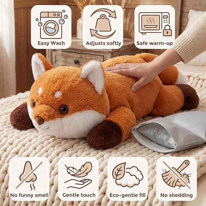 Mewaii Weighted Stuffed Animals for Adults & Kids, 2-5 lbs - 23" Heatable Coolable Fox Plush, Microwavable Adjustable Removable Inner Pad, Realistic Hug Comfort Gift (Red)