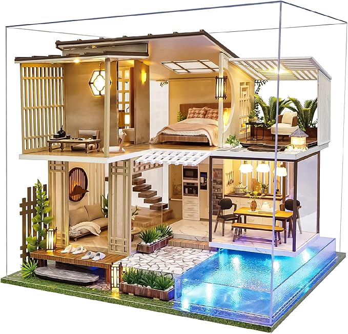 Spilay DIY Miniature House Kit for Adults, Miniature Dollhouse Building Kit | With Warm Light, Music Box & Dust Cover, Creative DIY Craft for Bookshelf Decor, Room Decoration & Gift Giving